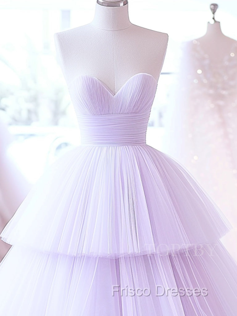 A-Line Sweetheart Neck Tulle Purple Long Formal Prom Dress, Purple Long Formal Dress