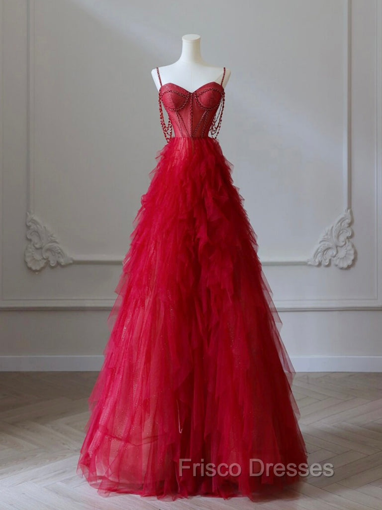 A-Line Sweetheart Neck Tulle Red Long Formal Prom Dress, Red Long Graduation Dress with Beads