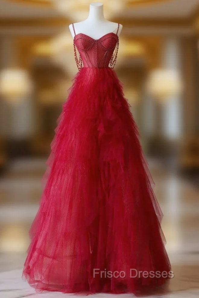 A-Line Sweetheart Neck Tulle Red Long Formal Prom Dress, Red Long Graduation Dress with Beads Main image