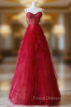 A-Line Sweetheart Neck Tulle Red Long Formal Prom Dress, Red Long Graduation Dress with Beads