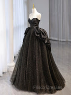 A-Line Sweetheart Neck Tulle Satin Black Long Formal Prom Dress, Black Long Evening Dress