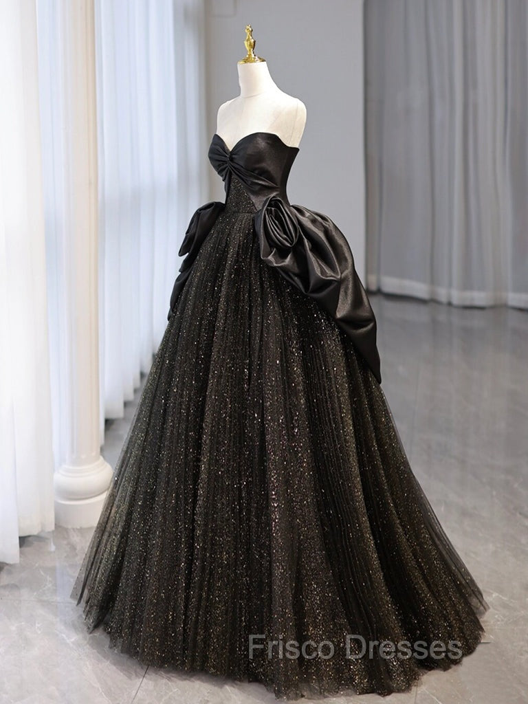 A-Line Sweetheart Neck Tulle Satin Black Long Formal Prom Dress, Black Long Evening Dress