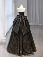 A-Line Sweetheart Neck Tulle Satin Black Long Formal Prom Dress, Black Long Evening Dress