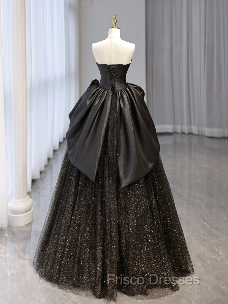 A-Line Sweetheart Neck Tulle Satin Black Long Formal Prom Dress, Black Long Evening Dress