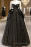 A-Line Sweetheart Neck Tulle Satin Black Long Formal Prom Dress, Black Long Evening Dress