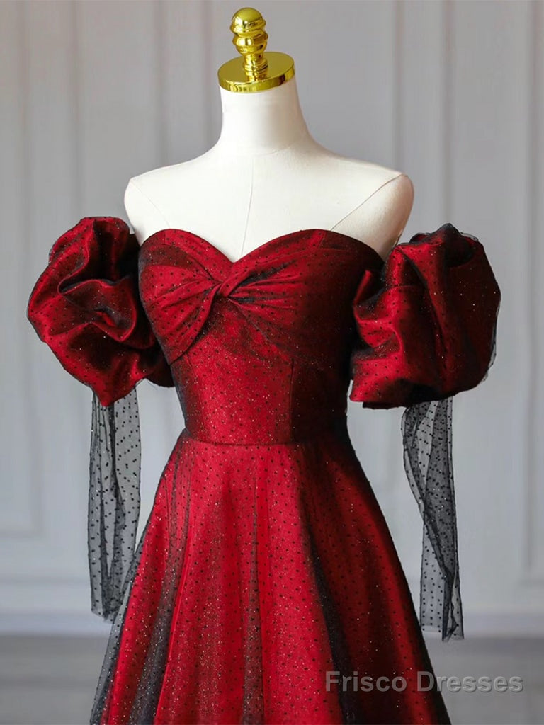 A-Line Sweetheart Neck Tulle Satin Burgundy Long Prom Dress Secondary image
