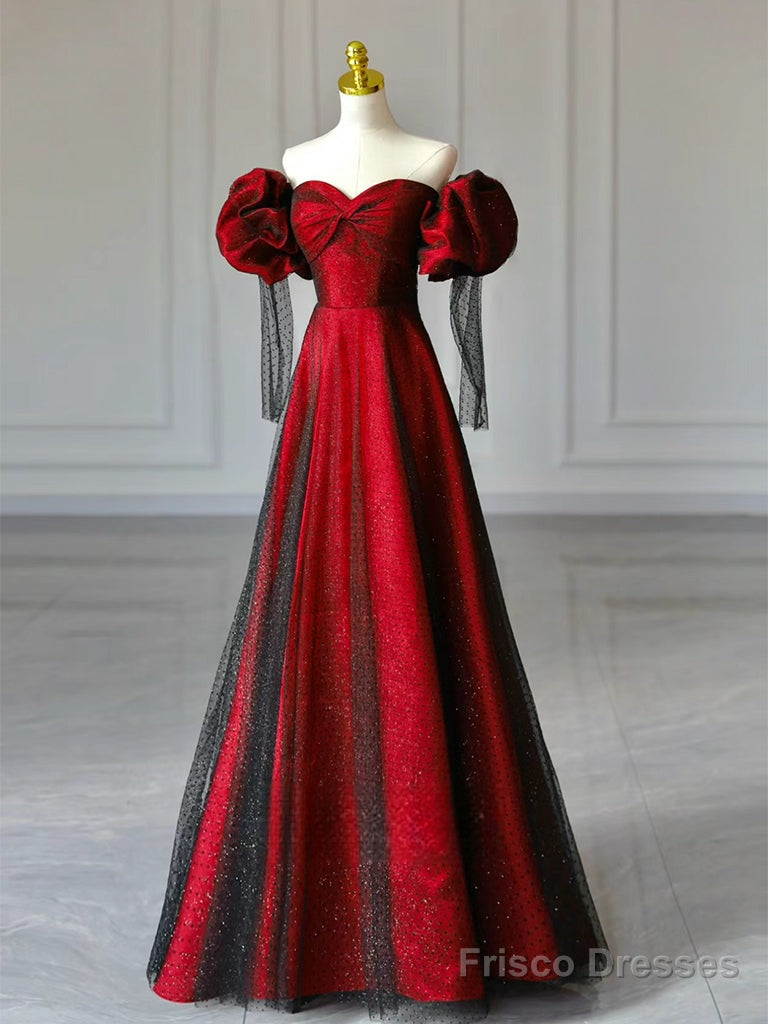 A-Line Sweetheart Neck Tulle Satin Burgundy Long Prom Dress Main image