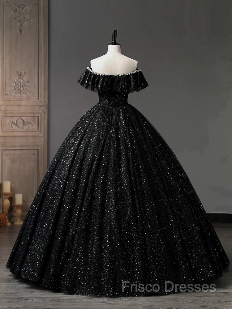 A-Line Sweetheart Neck Tulle Sequin Black Long Formal Prom Dress, Black Long Formal Dress