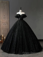 A-Line Sweetheart Neck Tulle Sequin Black Long Formal Prom Dress, Black Long Formal Dress