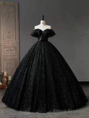 A-Line Sweetheart Neck Tulle Sequin Black Long Prom Dress, Black Long Formal Dress