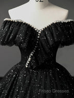 A-Line Sweetheart Neck Tulle Sequin Black Long Formal Prom Dress, Black Long Formal Dress