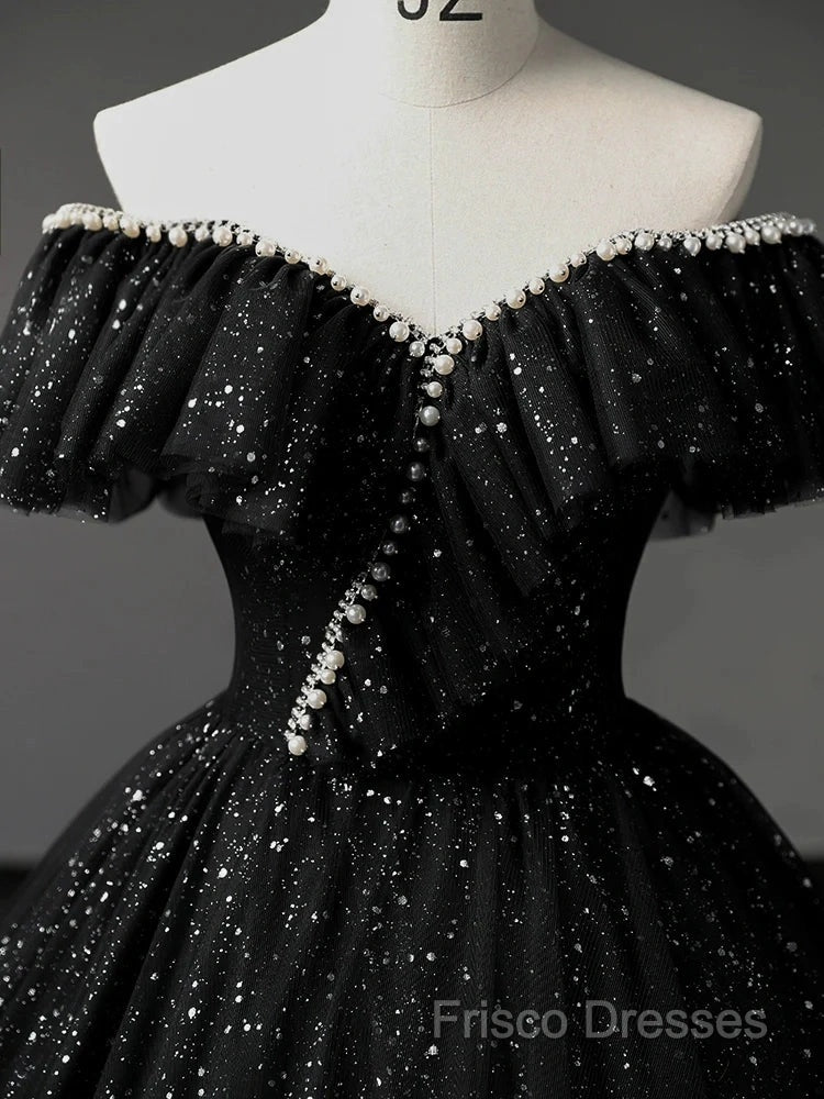 A-Line Sweetheart Neck Tulle Sequin Black Long Formal Prom Dress, Black Long Formal Dress