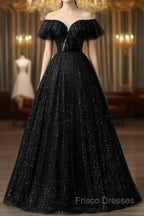 A-Line Sweetheart Neck Tulle Sequin Black Long Formal Prom Dress, Black Long Formal Dress
