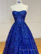 A-Line Sweetheart Neck Tulle Sequin Blue Long Formal Prom Dress, Blue Long Formal Dress
