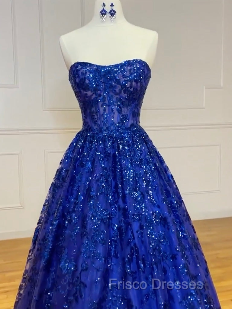 A-Line Sweetheart Neck Tulle Sequin Blue Long Formal Prom Dress, Blue Long Formal Dress