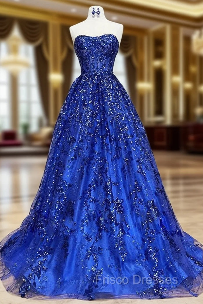 A-Line Sweetheart Neck Tulle Sequin Blue Long Formal Prom Dress, Blue Long Formal Dress Main image
