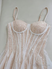 A-Line Sweetheart Neck Tulle Sequin Champagne Short Prom Dress, Cute Homecoming Dress