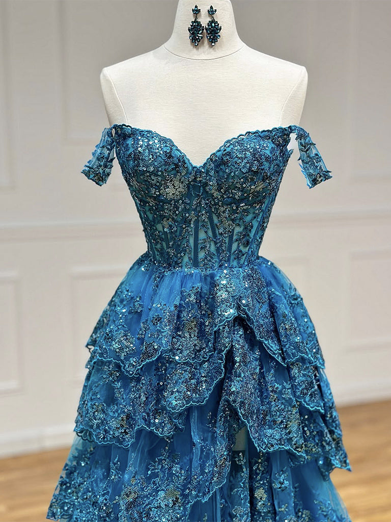 A-Line  Sweetheart Neck Tulle Sequin Lace Blue Long Prom Dress Secondary image