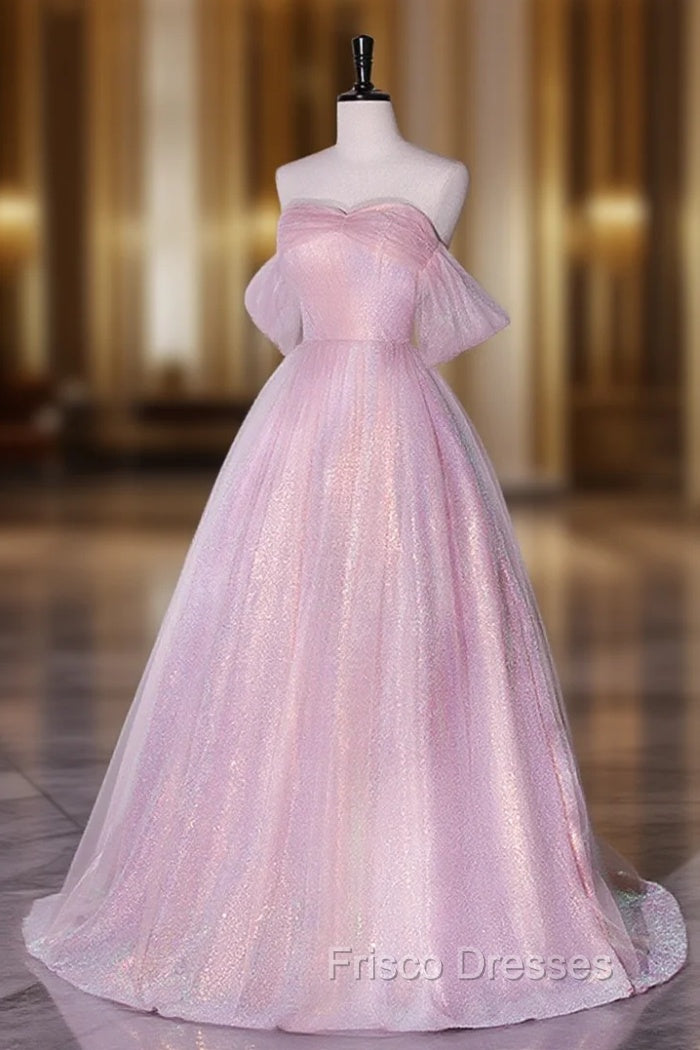 A-Line Sweetheart Neck Tulle Sequin Pink Long Formal Prom Dress, Pink Tulle Formal Dress Main image