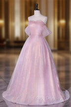 A-Line Sweetheart Neck Tulle Sequin Pink Long Formal Prom Dress, Pink Tulle Formal Dress
