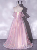 A-Line Sweetheart Neck Tulle Sequin Pink Long Formal Prom Dress, Pink Tulle Formal Dress