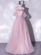 A-Line Sweetheart Neck Tulle Sequin Pink Long Formal Prom Dress, Pink Tulle Formal Dress