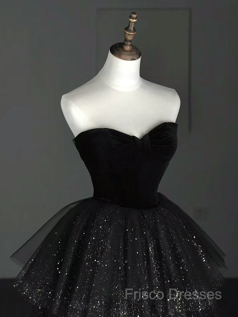 A-Line Sweetheart Neck Tulle Velvet Black Long Formal Prom Dress, Black Formal Dress Secondary image