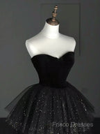 A-Line Sweetheart Neck Tulle Velvet Black Long Formal Prom Dress, Black Formal Dress