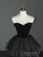 A-Line Sweetheart Neck Tulle Velvet Black Long Formal Prom Dress, Black Formal Dress