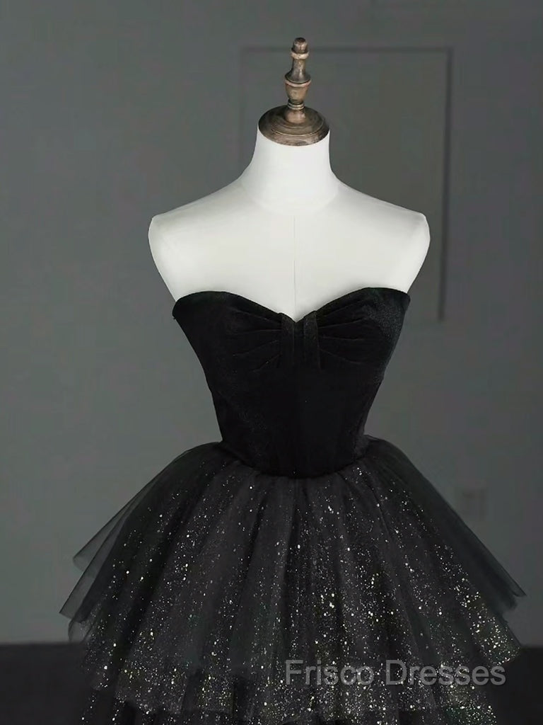 A-Line Sweetheart Neck Tulle Velvet Black Long Formal Prom Dress, Black Formal Dress