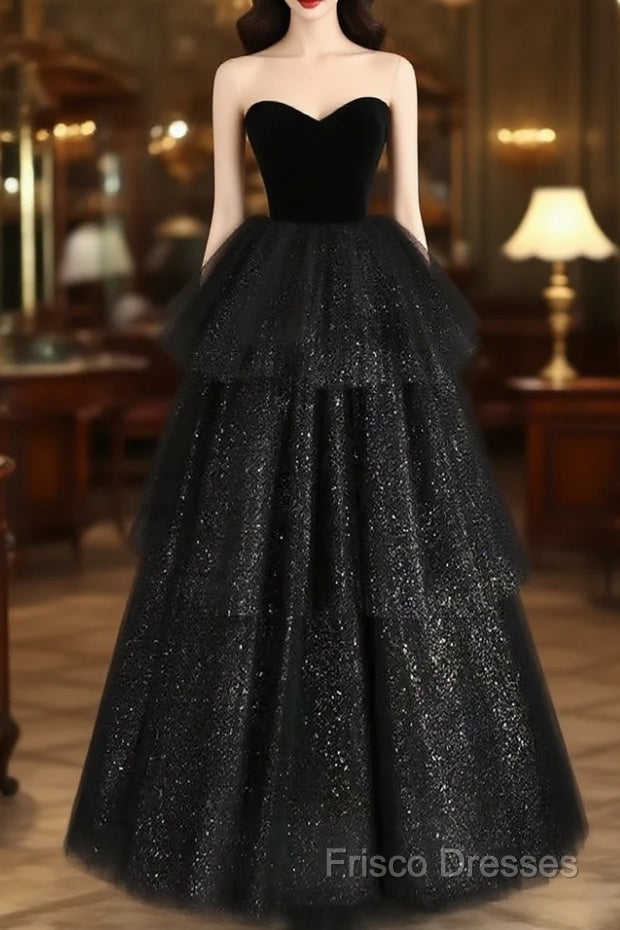 A-Line Sweetheart Neck Tulle Velvet Black Long Formal Prom Dress, Black Formal Dress Main image