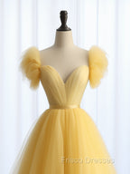 A-Line Sweetheart Neck Tulle Yellow Long Formal Prom Dress, Yellow Long Formal Dress