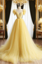 A-Line Sweetheart Neck Tulle Yellow Long Formal Prom Dress, Yellow Long Formal Dress