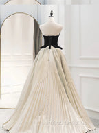 A-Line Sweetheart Neck Velvet Satin Champagne Long Formal Prom Dress, Champagne Evening Dress