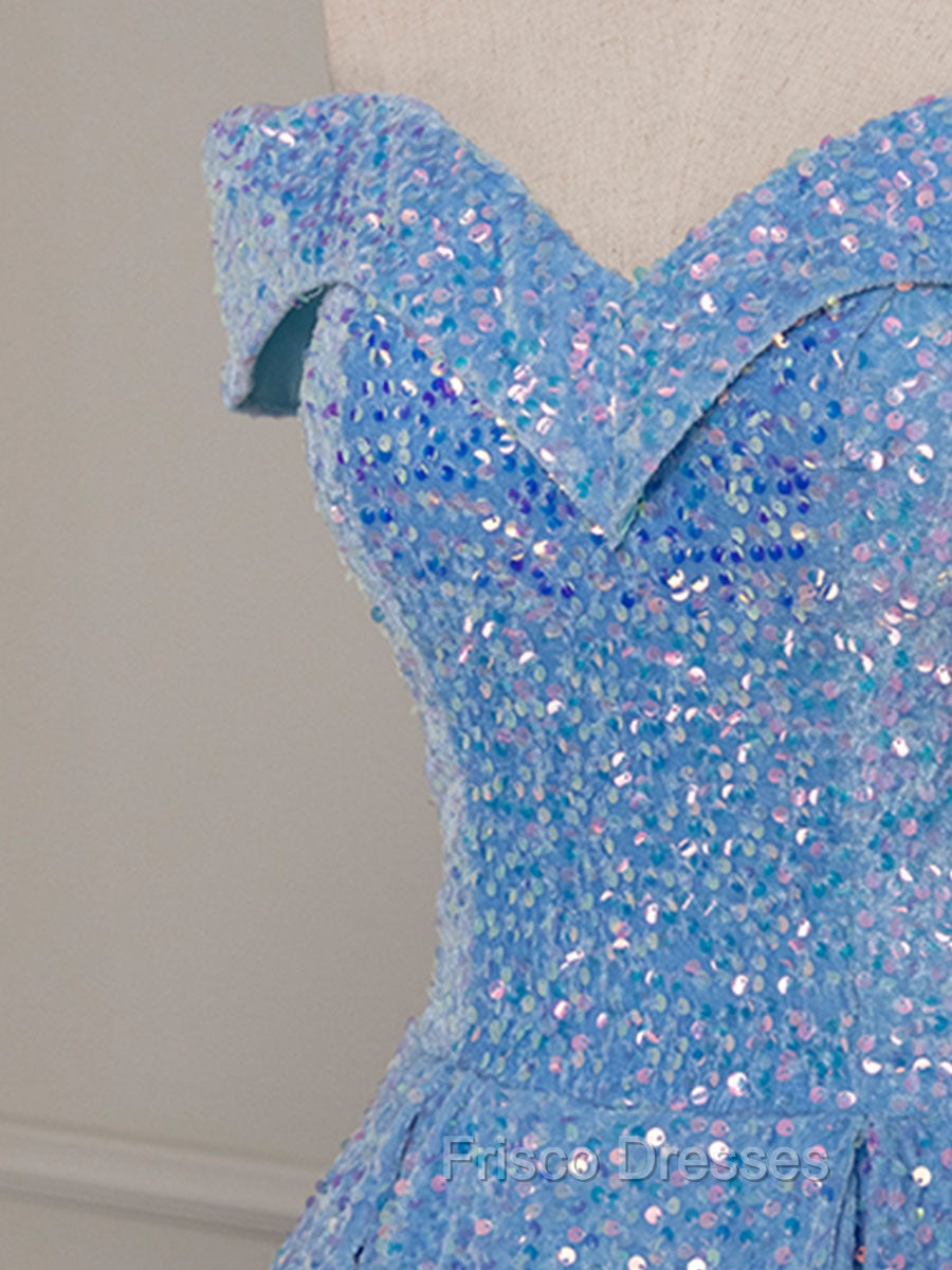 A-Line Sweetheart Neck Velvet Sequin Blue Long Formal Prom Dress, Blue Formal Dress