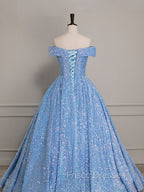 A-Line Sweetheart Neck Velvet Sequin Blue Long Formal Prom Dress, Blue Formal Dress