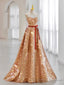 A-Line Sweetheart Neck Velvet Sequin Champagne Gold Long Prom Dress