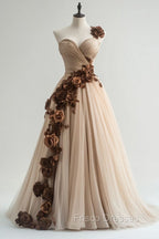 A-Line Sweetheart Neckline Tulle Applique Long Formal Prom Dress, Vintage Evening Gown