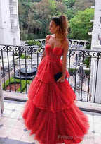 A-line Sweetheart Sleeveless Long/Floor-Length Tulle Prom Dresses With Ruffles