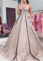 A-line Sweetheart Sleeveless Satin Sweep Train Prom Dresses With Pockets
