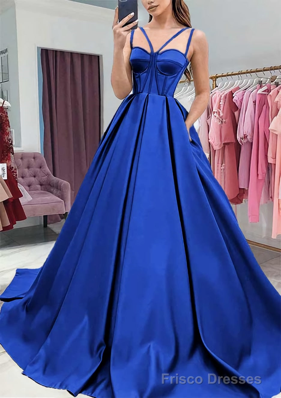 A-line Sweetheart Sleeveless Satin Sweep Train Prom Dresses With Pockets