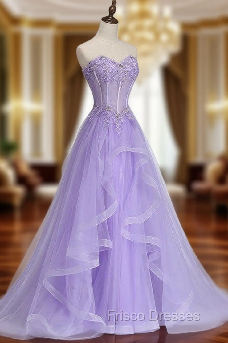 A-line Sweetheart Sleeveless Sweep Train Tulle Formal Prom Dress With Beading Appliqued Main image