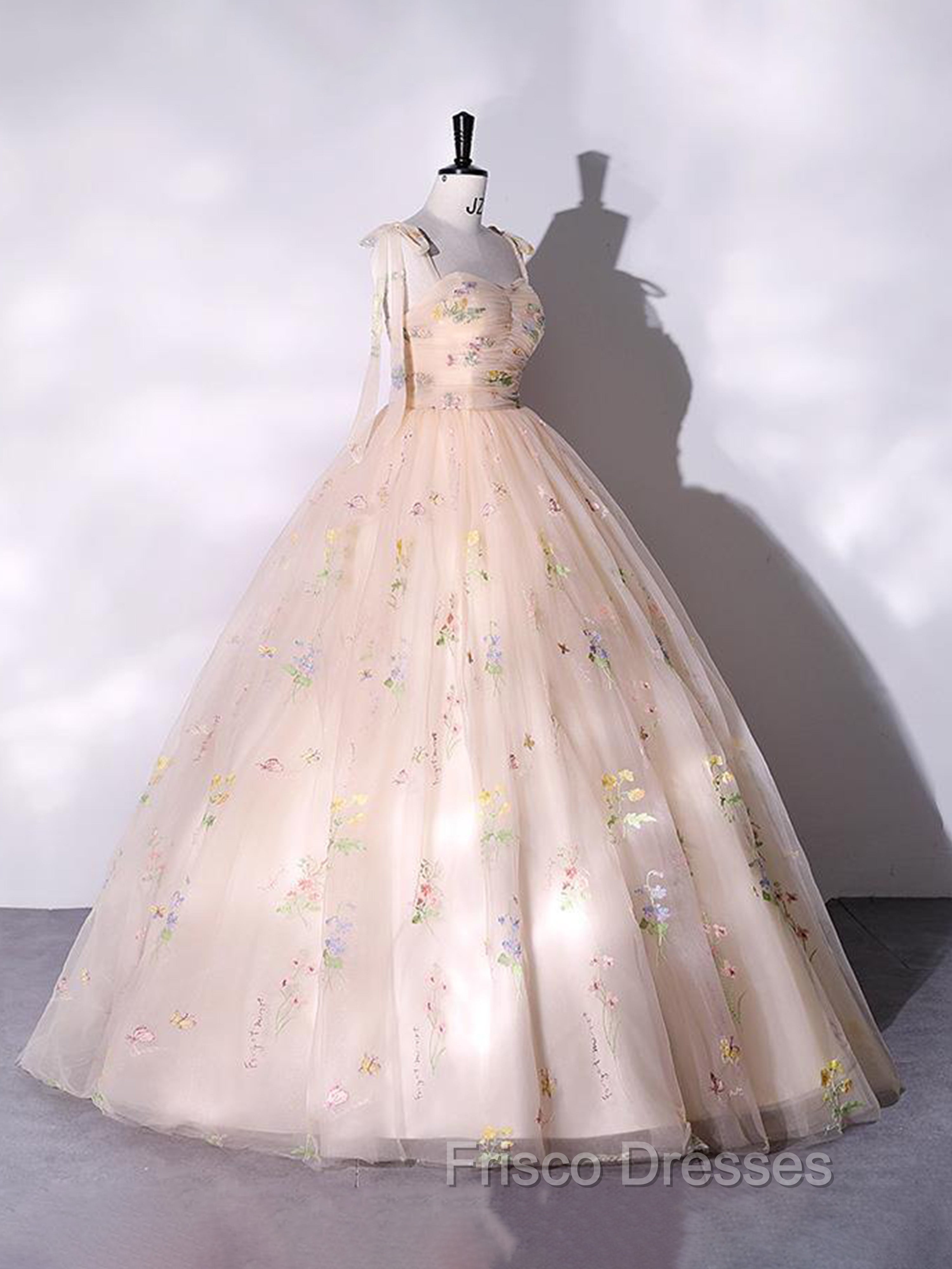 A-Line Sweetheart Sleeves Straps Embroidery Tulle Formal Prom Dress