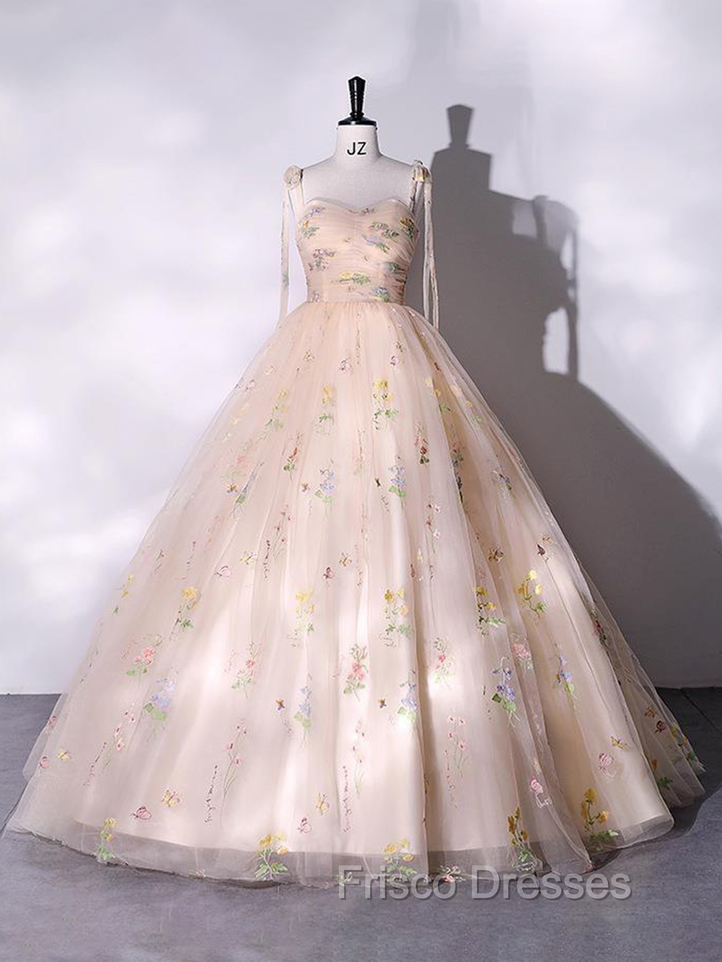 A-Line Sweetheart Sleeves Straps Embroidery Tulle Formal Prom Dress