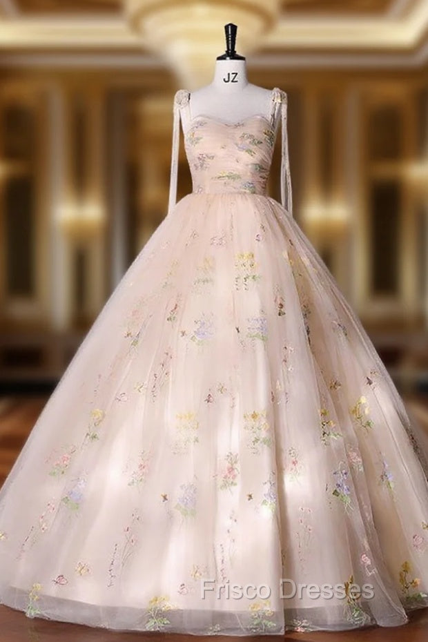 A-Line Sweetheart Sleeves Straps Embroidery Tulle Formal Prom Dress