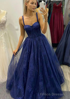 A-line Sweetheart Spaghetti Straps Long/Floor-Length Tulle Glitter Prom Dresses