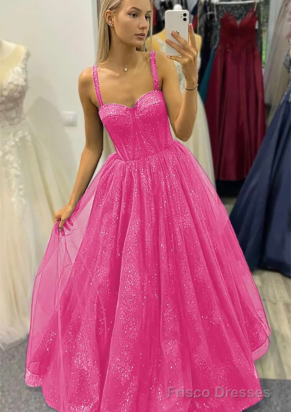 A-line Sweetheart Spaghetti Straps Long/Floor-Length Tulle Glitter Prom Dresses