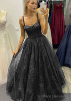 A-line Sweetheart Spaghetti Straps Long/Floor-Length Tulle Glitter Prom Dresses