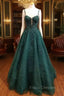 Dark Green Formal Prom Dress, A-line Sweetheart Spaghetti Straps Long/Floor-Length Tulle Formal Prom Dress With Beading Glitter Appliqued