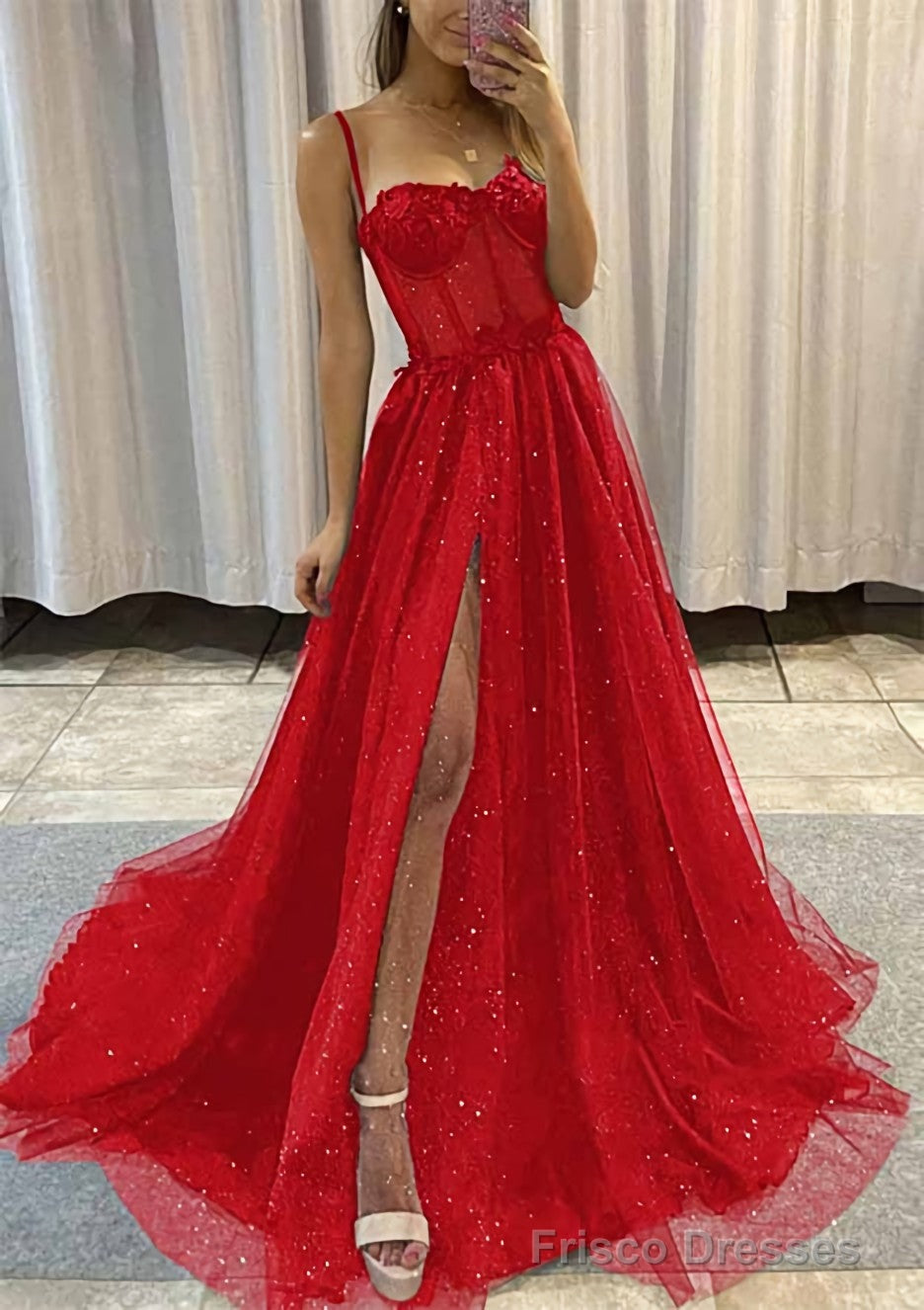 strapless open back dress A-line Sweetheart Spaghetti Straps Sweep Train Tulle Glitter Prom Dres –  Frisco Dresses